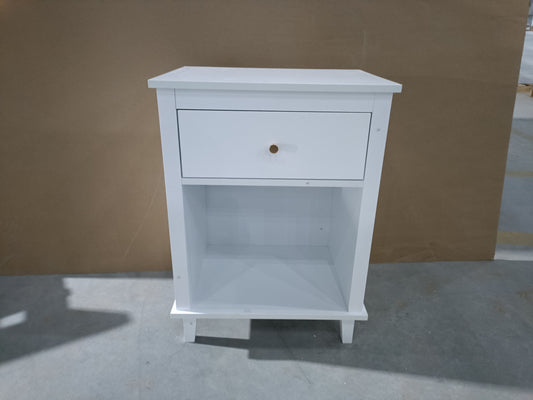 Nightstand: white wooden with one drawer and open lower shelf
