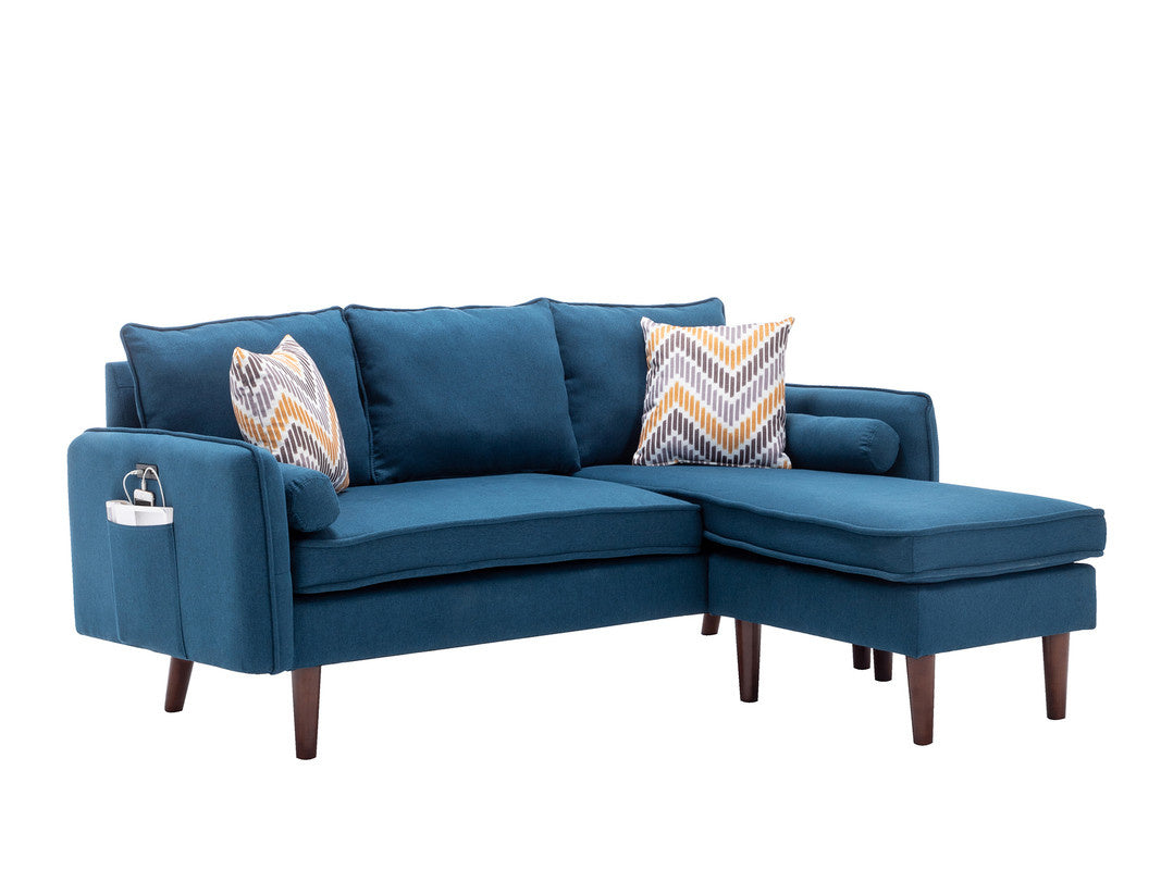 Doba Mia 70-inch blue sectional sofa with chaise and two patterned throw pillows