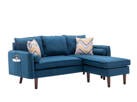 Doba Mia 70-inch blue sectional sofa with chaise and two patterned throw pillows