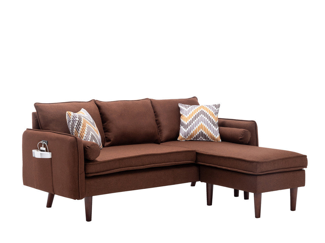 Mia 70in brown fabric sectional sofa with chaise and decorative pillows, tapered wooden legs