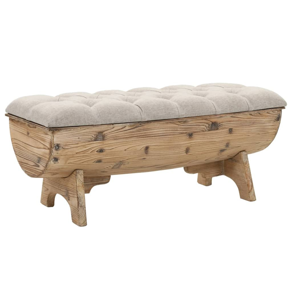 Storage bench in natural wood with beige tufted cushion.