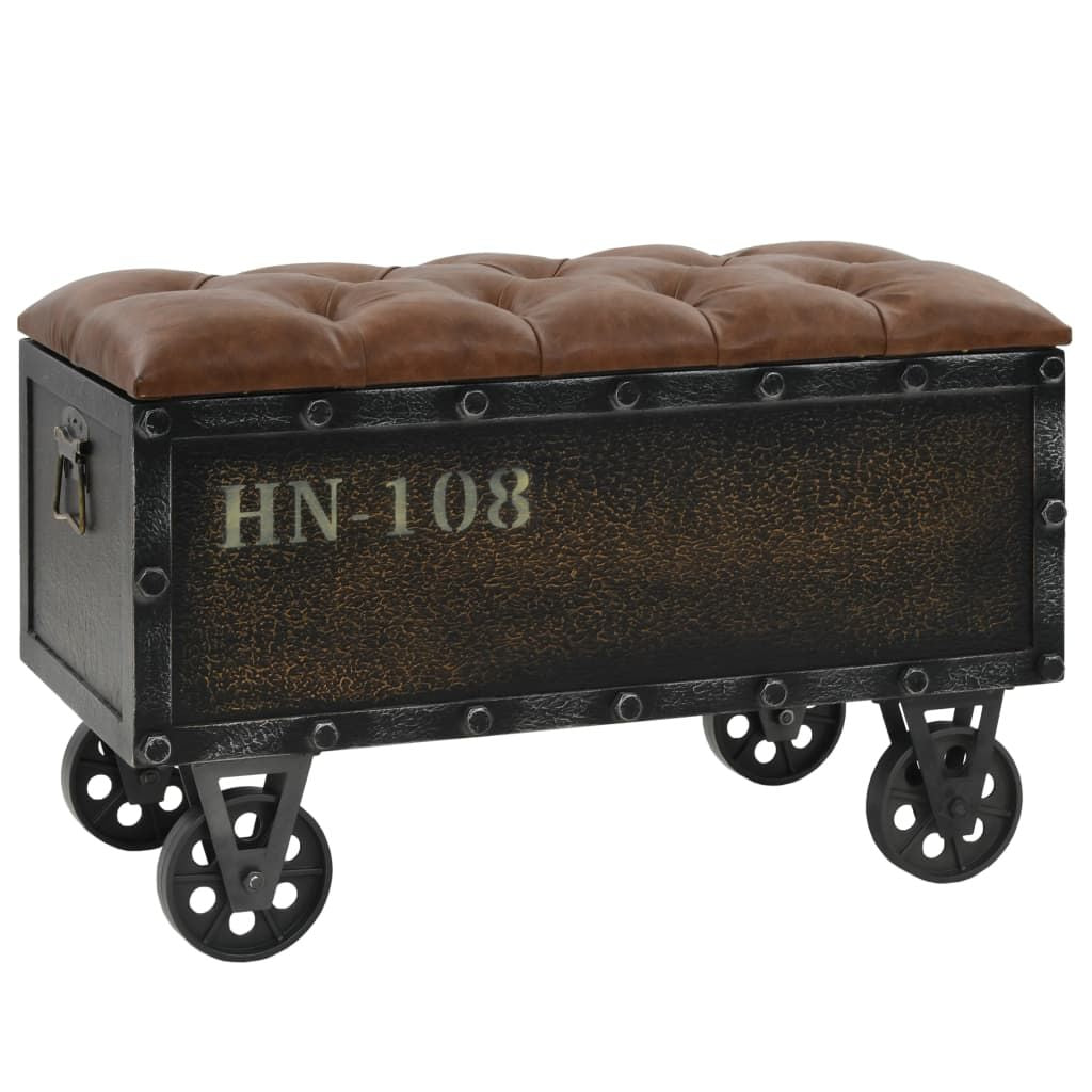 Storage bench brown with tufted leather cushion atop a black industrial trunk on caster wheels