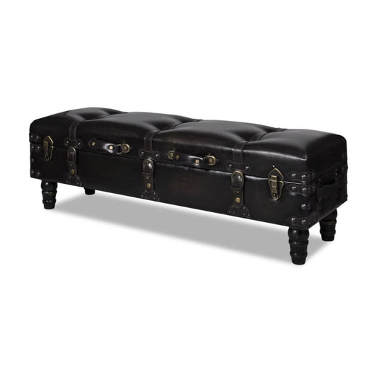 Storage bench in dark brown leather with tufted top and trunk-style hardware with brass accents