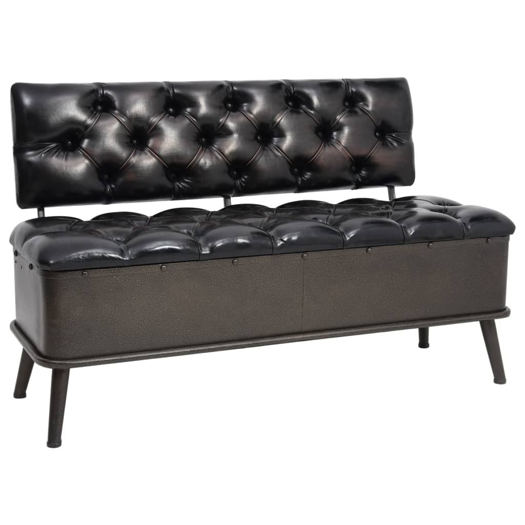 Storage bench, black faux leather with tufted cushions, metal legs and engineered wood frame by Doba