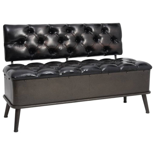 Storage bench, black faux leather with tufted cushions, metal legs and engineered wood frame by Doba