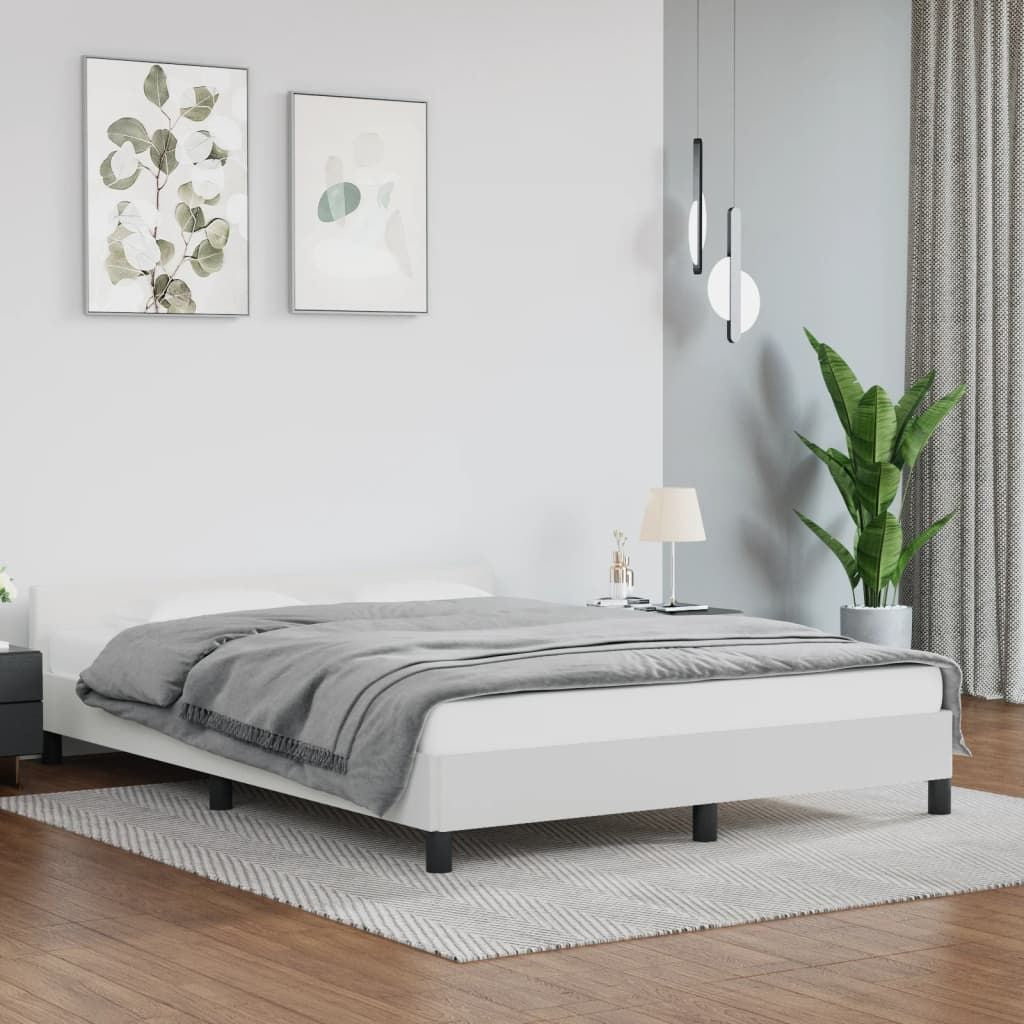 Bed frame in white full-size faux leather without mattress, modern platform design