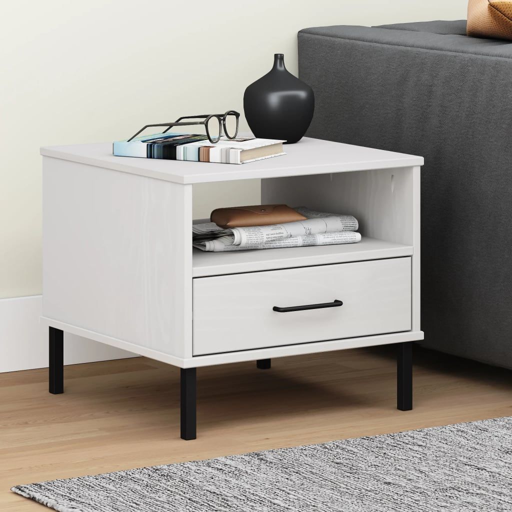 White solid pine wood bedside table with open shelf and single drawer, black metal legs