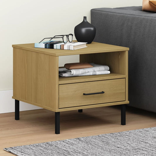 Bedside table, brown solid pine wood with black metal legs, drawer and open shelf, Doba small bedside table.