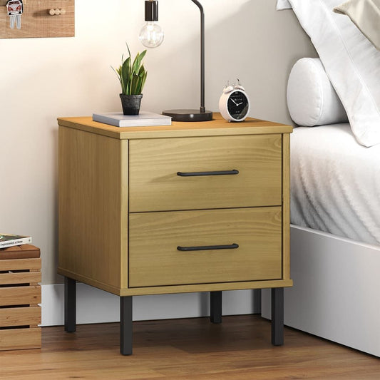 Bedside cabinet, brown solid pine wood with two drawers, black handles, raised on black legs.