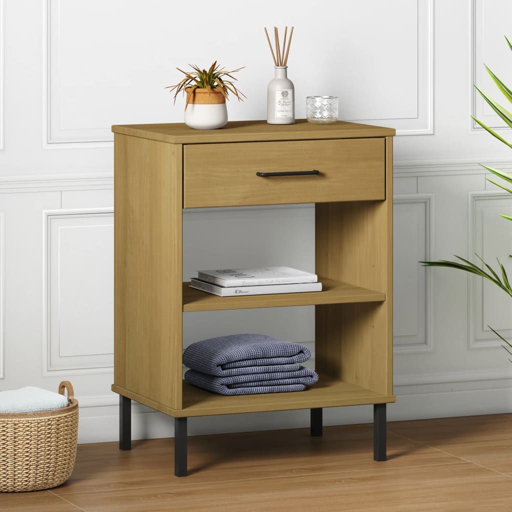 Console cabinet brown solid pine wood with black metal legs, single top drawer and open shelving
