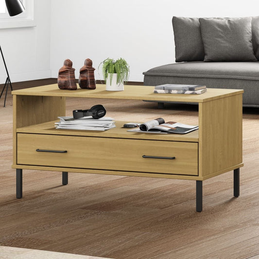 Coffee table in brown solid pine with black metal legs, featuring an open shelf and two drawers
