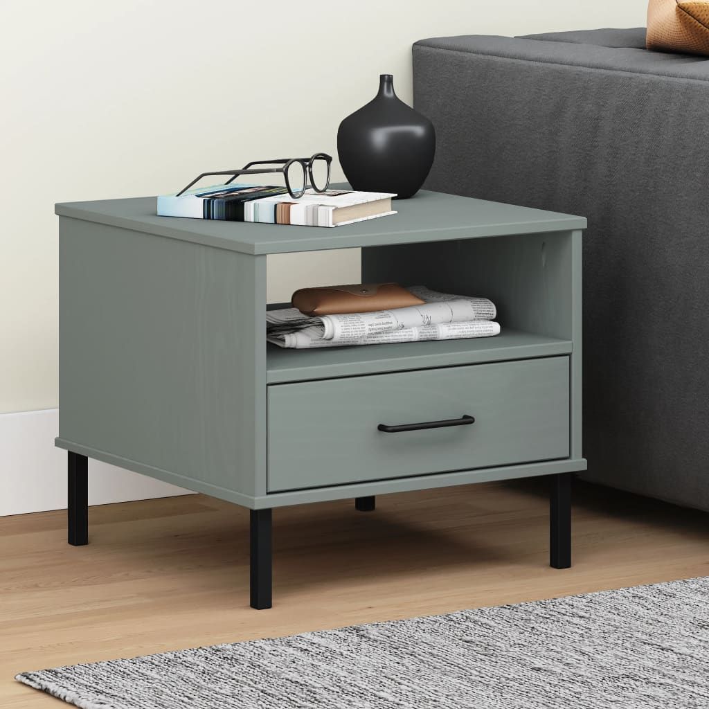 Bedside table grey solid pine wood, rectangular with open shelf and single drawer.