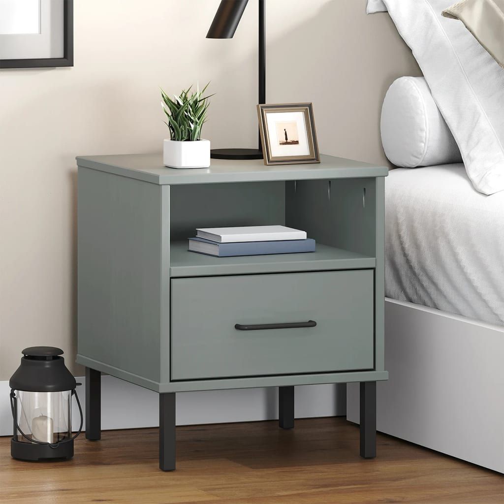 Bedside cabinet in grey-green solid pine with metal legs, open shelf and bottom drawer