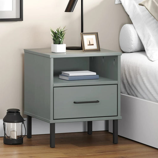 Bedside cabinet in grey-green solid pine with metal legs, open shelf and bottom drawer