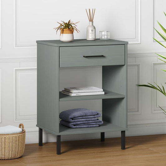 Console cabinet in grey solid pine with black metal legs, 1 drawer and open shelf