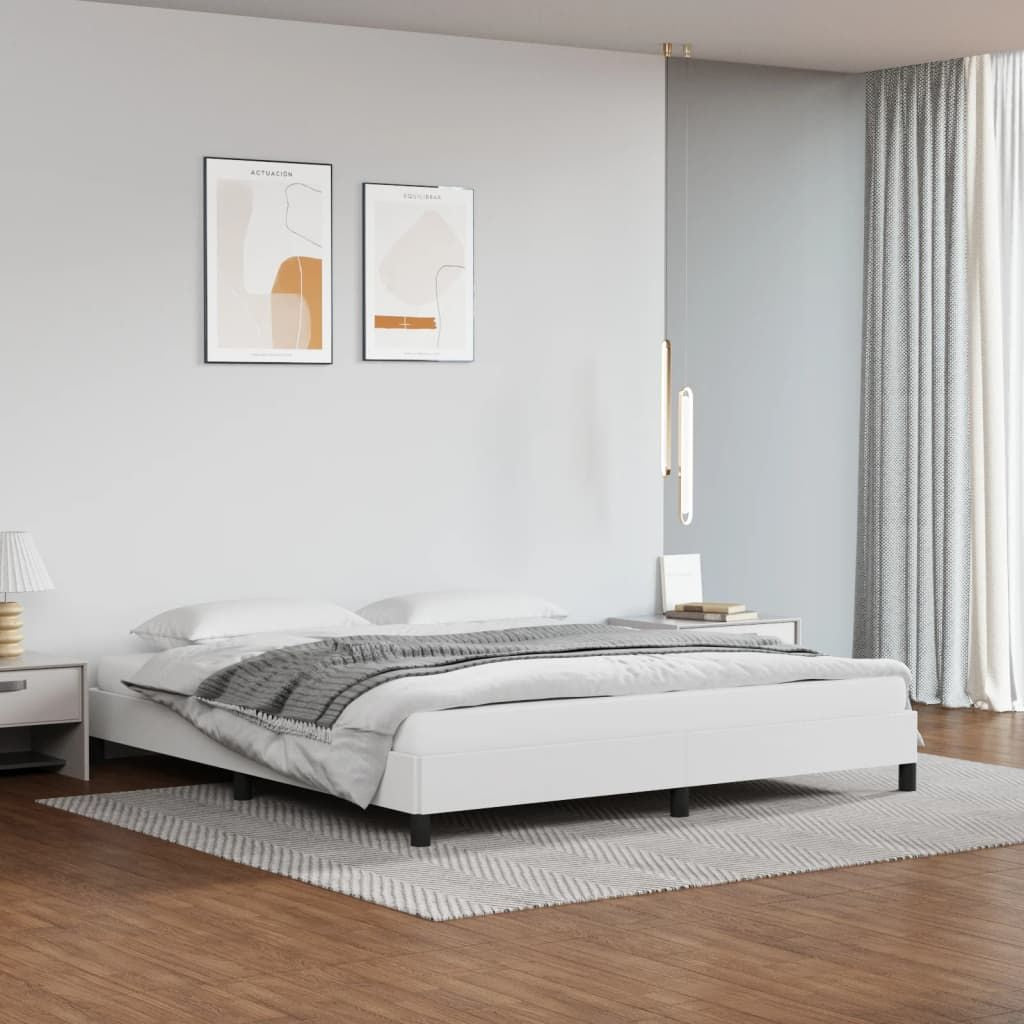 King bed frame in white faux leather with plywood and engineered wood.