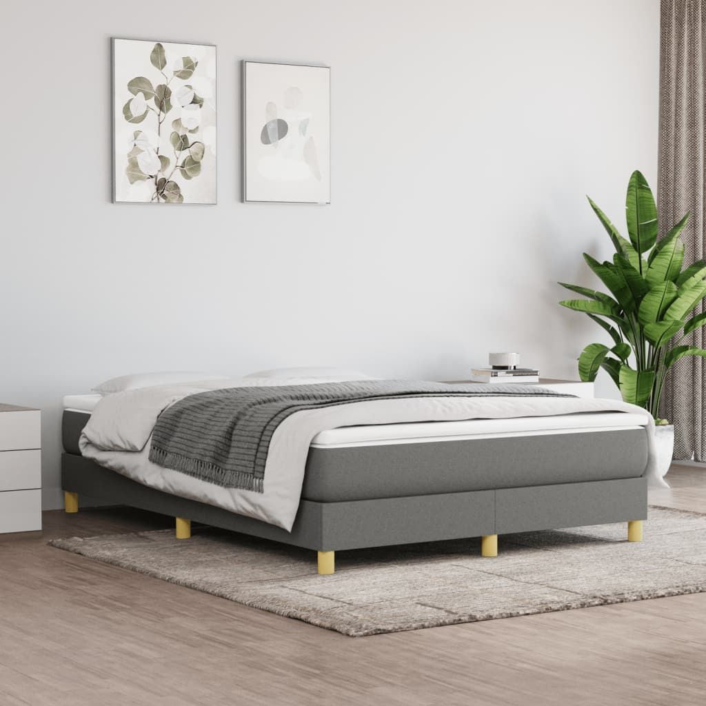 Bed frame in dark grey polyester, queen size, rectangular modern design.