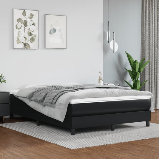 Bed frame double, black faux-leather platform with plywood and engineered wood construction