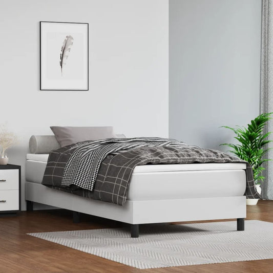 Twin bed frame in white faux leather with plywood and engineered wood, black legs
