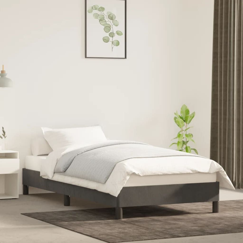 Bed Frame dark gray velvet upholstery, 100% polyester, with plywood and engineered wood construction.