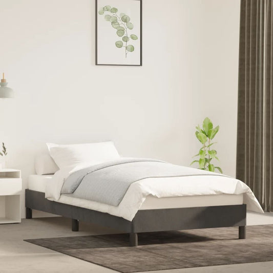 Bed Frame dark gray velvet upholstery, 100% polyester, with plywood and engineered wood construction.