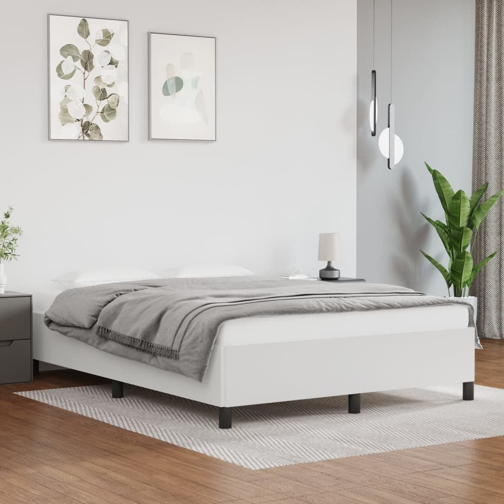 Queen size bed frame in white faux leather with plywood and engineered wood construction