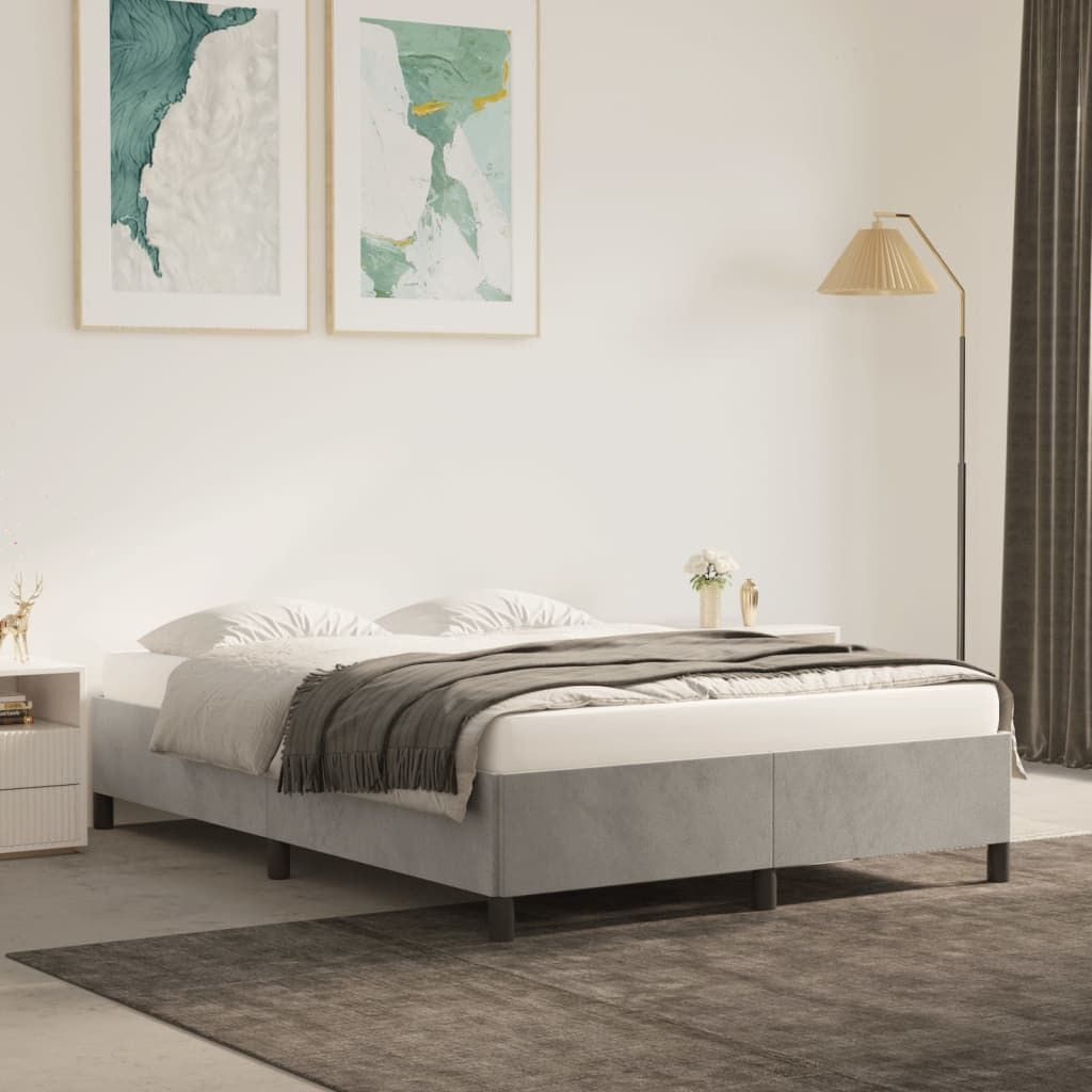 Bed frame with light grey velvet upholstery (100% polyester), full size, plywood construction