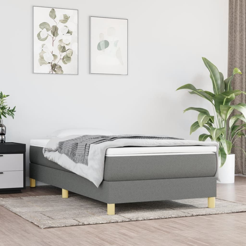 Bed frame in dark grey fabric with light wood legs, Twin XL size, modern style