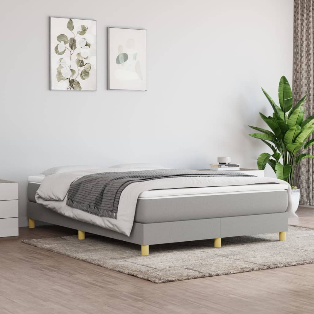 Bed frame in light grey 100% polyester fabric with plywood and engineered wood, queen size, yellow legs.