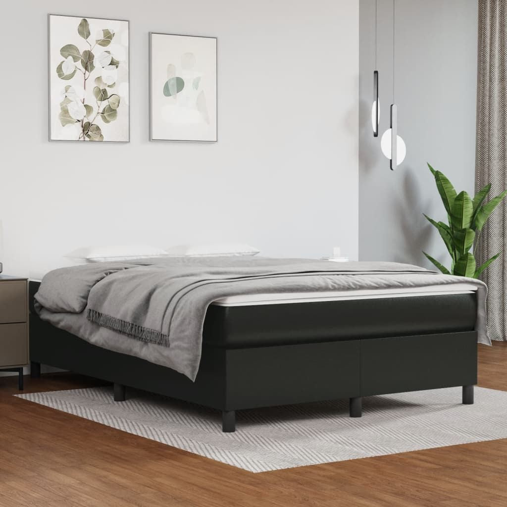 Queen bed frame in black faux leather with plywood and engineered wood construction