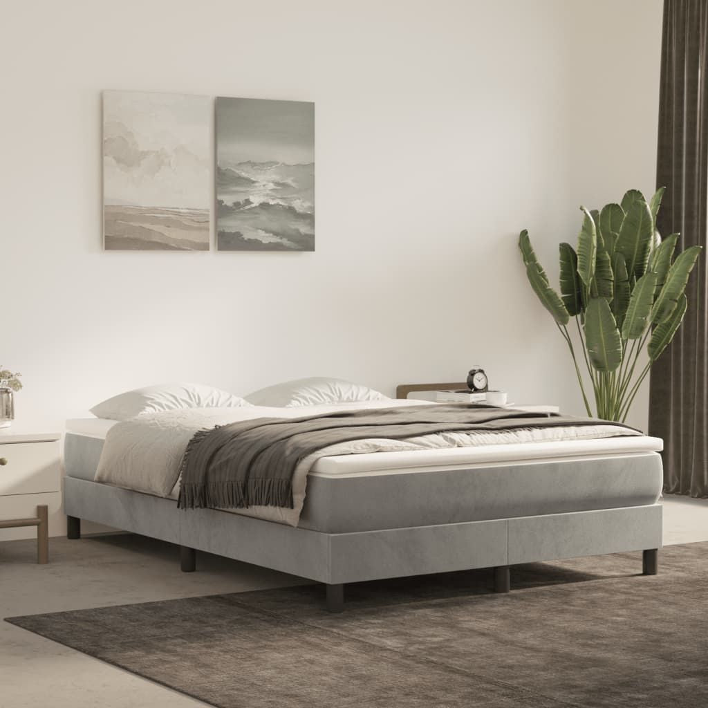 Bed frame in light gray fabric, full-size platform bed with low-profile base