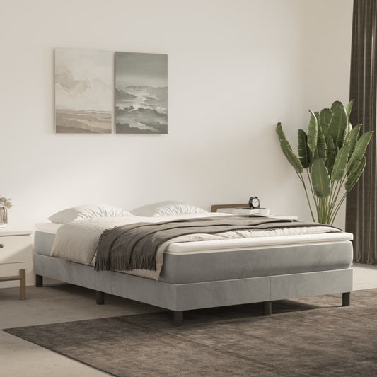 Bed frame in light gray fabric, full-size platform bed with low-profile base