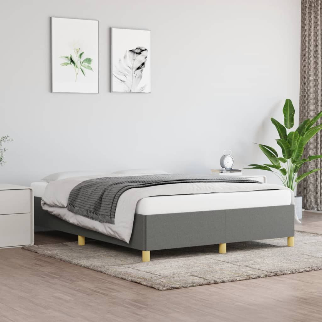 Bed frame in dark gray polyester, queen size, rectangular silhouette with light wood legs.