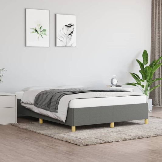 Bed frame in dark gray polyester, queen size, rectangular silhouette with light wood legs.