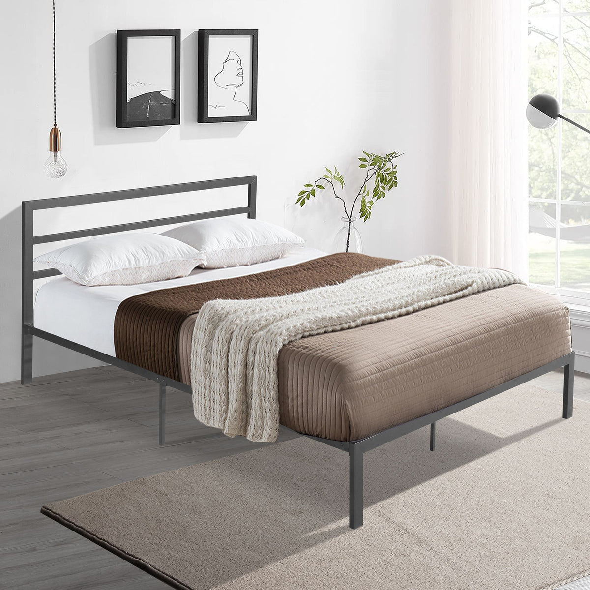 Queen size charcoal grey metal bed frame with headboard
