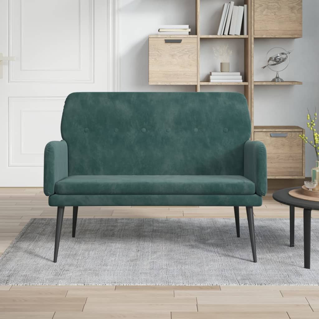 Bench, dark green velvet upholstery, metal legs, plywood frame in a modern living room