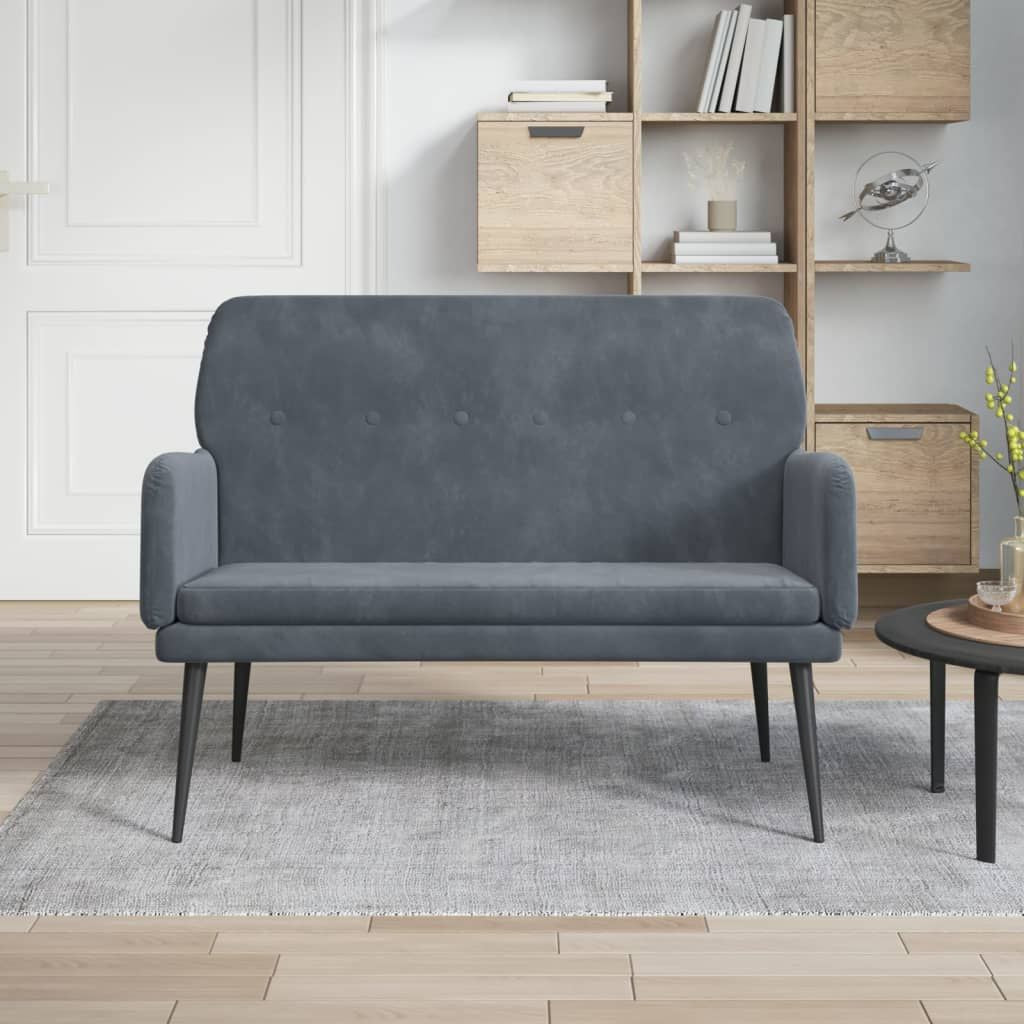 Bench in dark grey velvet with slim metal legs for modern living room decor