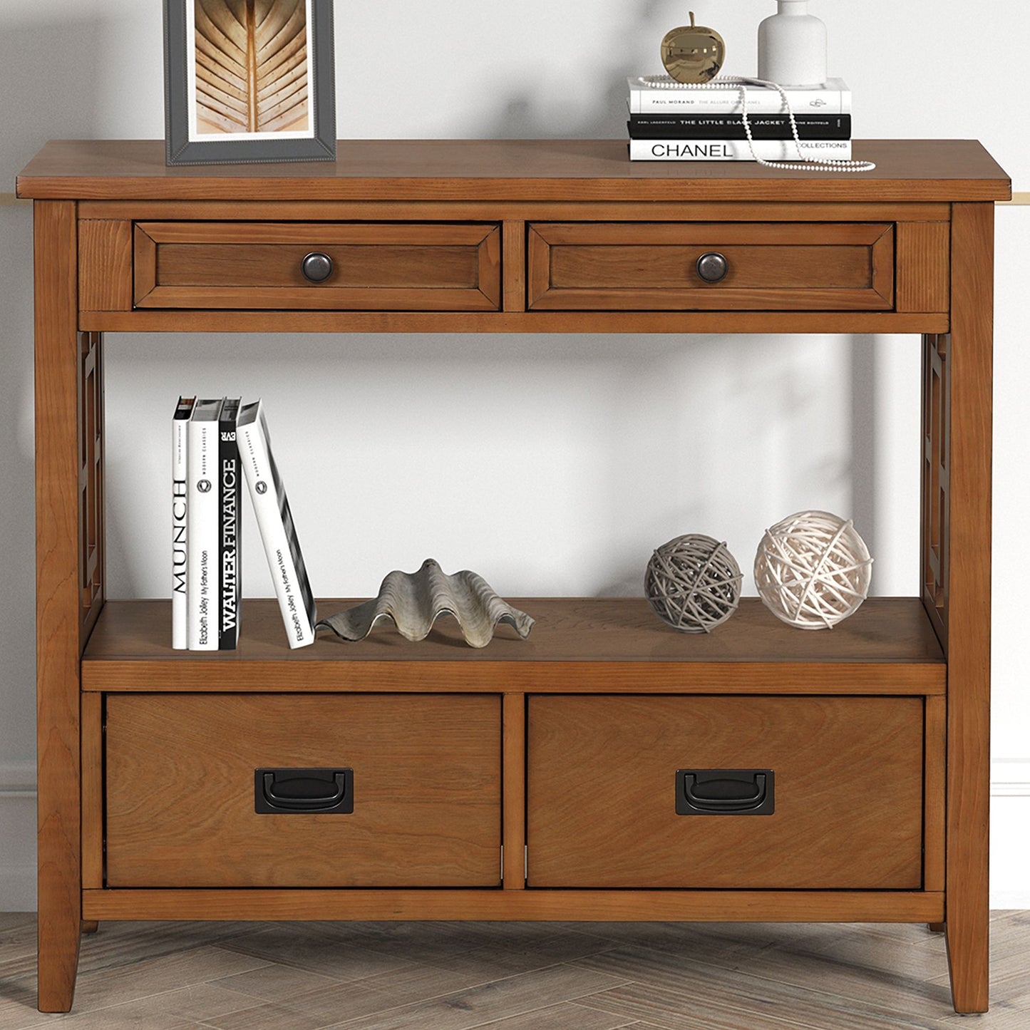36-inch farmhouse pine wood console table with four drawers and lower shelf in brown finish