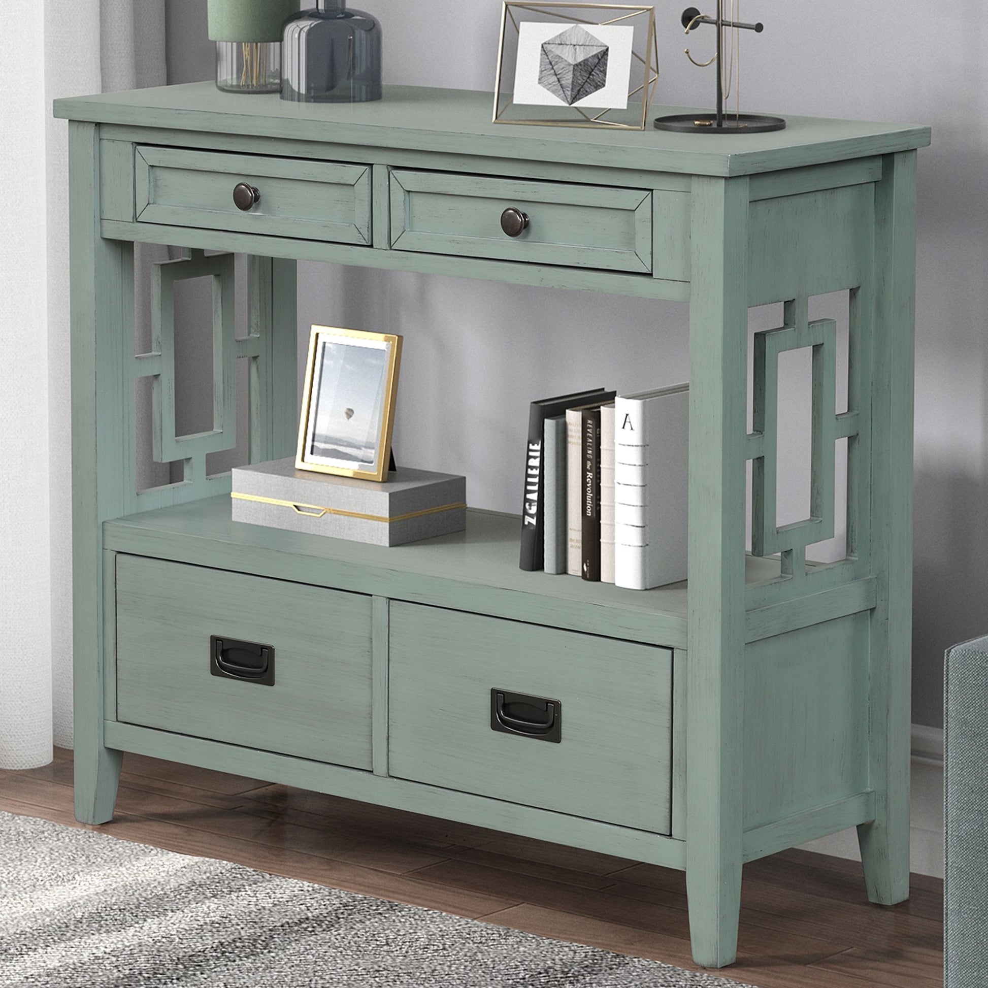 36'' Farmhouse Pine Wood Console Table in retro blue with 4 drawers and storage shelf