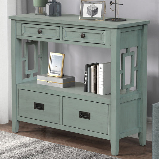 36'' Farmhouse Pine Wood Console Table in retro blue with 4 drawers and storage shelf