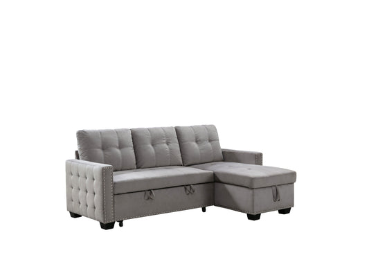 77-Inch L-shaped reversible sectional sofa bed with storage chaise in gray velvet fabric