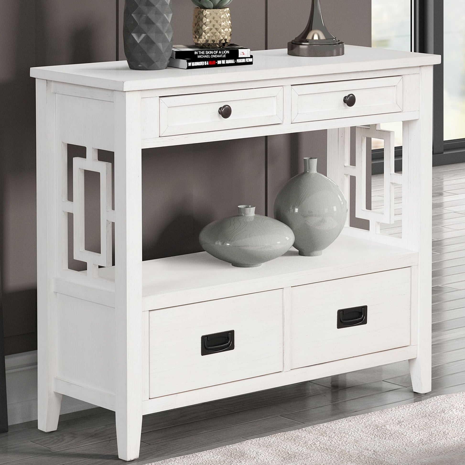Console table, 36-inch farmhouse pine wood with four drawers and open lower shelf in antique white finish