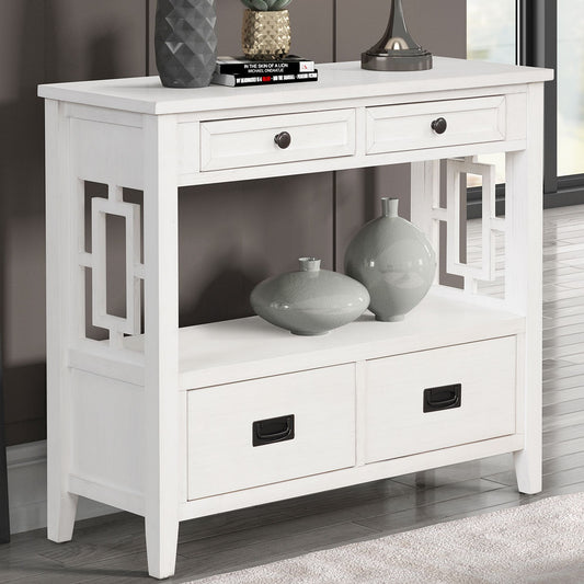 Console table, 36-inch farmhouse pine wood with four drawers and open lower shelf in antique white finish
