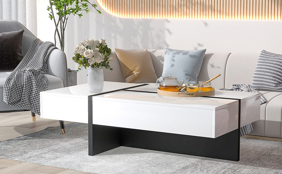 Doba ON-TREND contemporary white high-gloss rectangle center coffee table with black base in living room