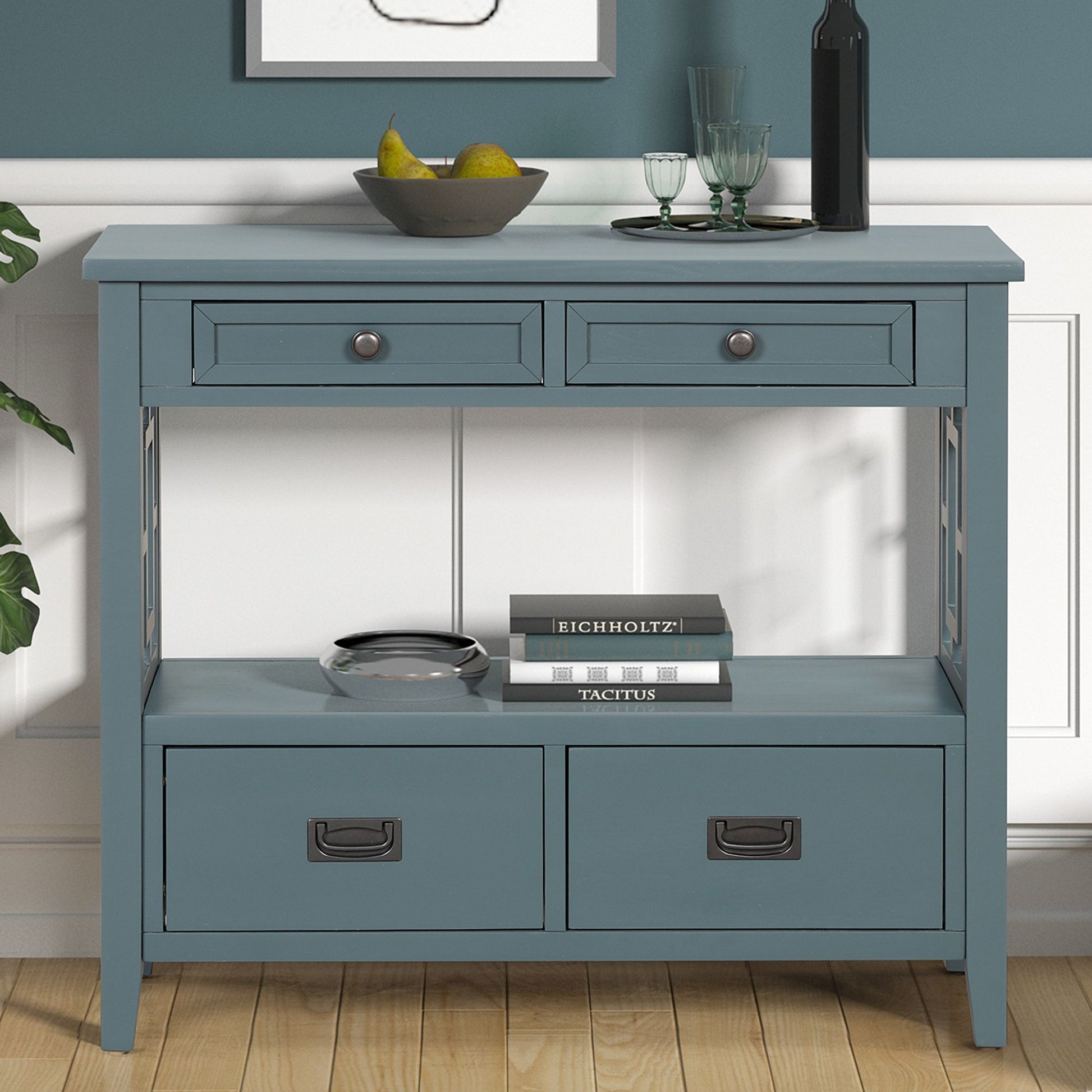 Blue 36-inch farmhouse pine wood console table with two drawers and open storage shelf.