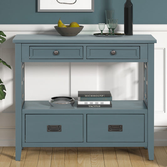 Blue 36-inch farmhouse pine wood console table with two drawers and open storage shelf.