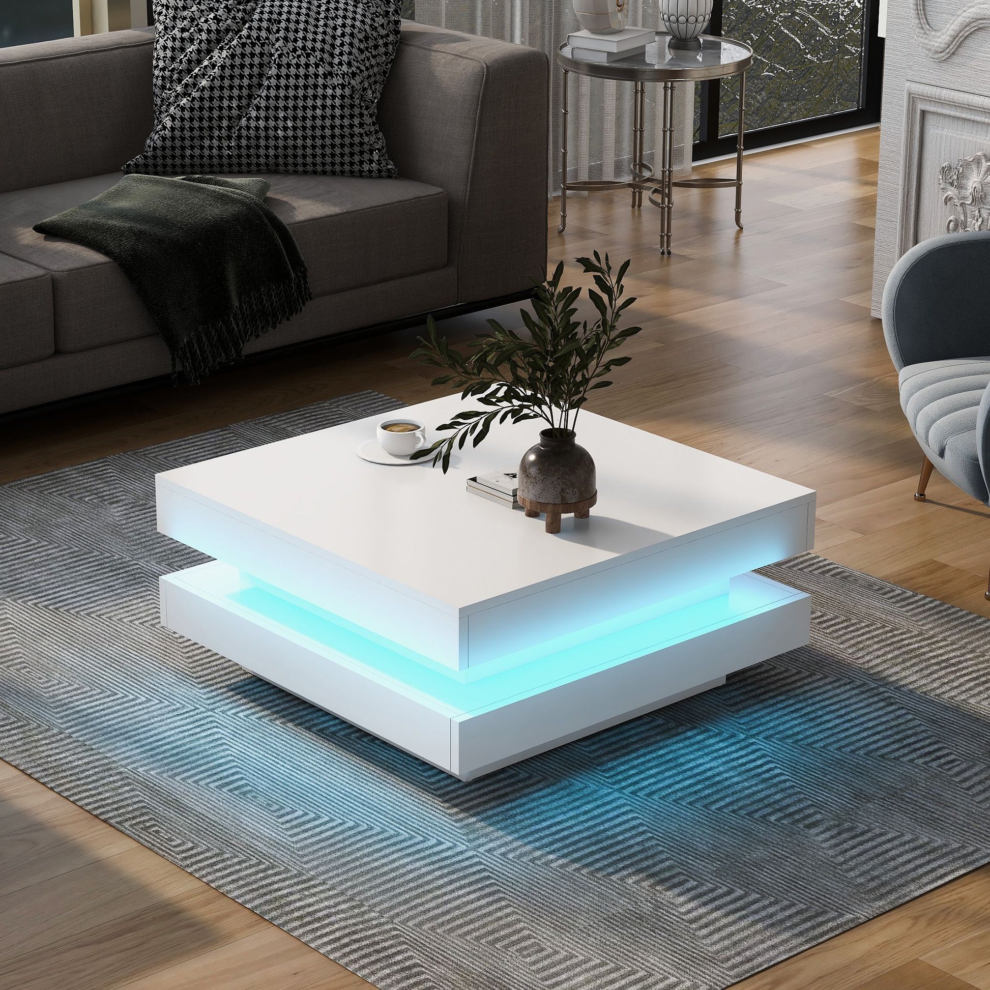 White high-gloss 2-tier square coffee table with LED lighting, living room center table 31.5x31.5x14.2 in