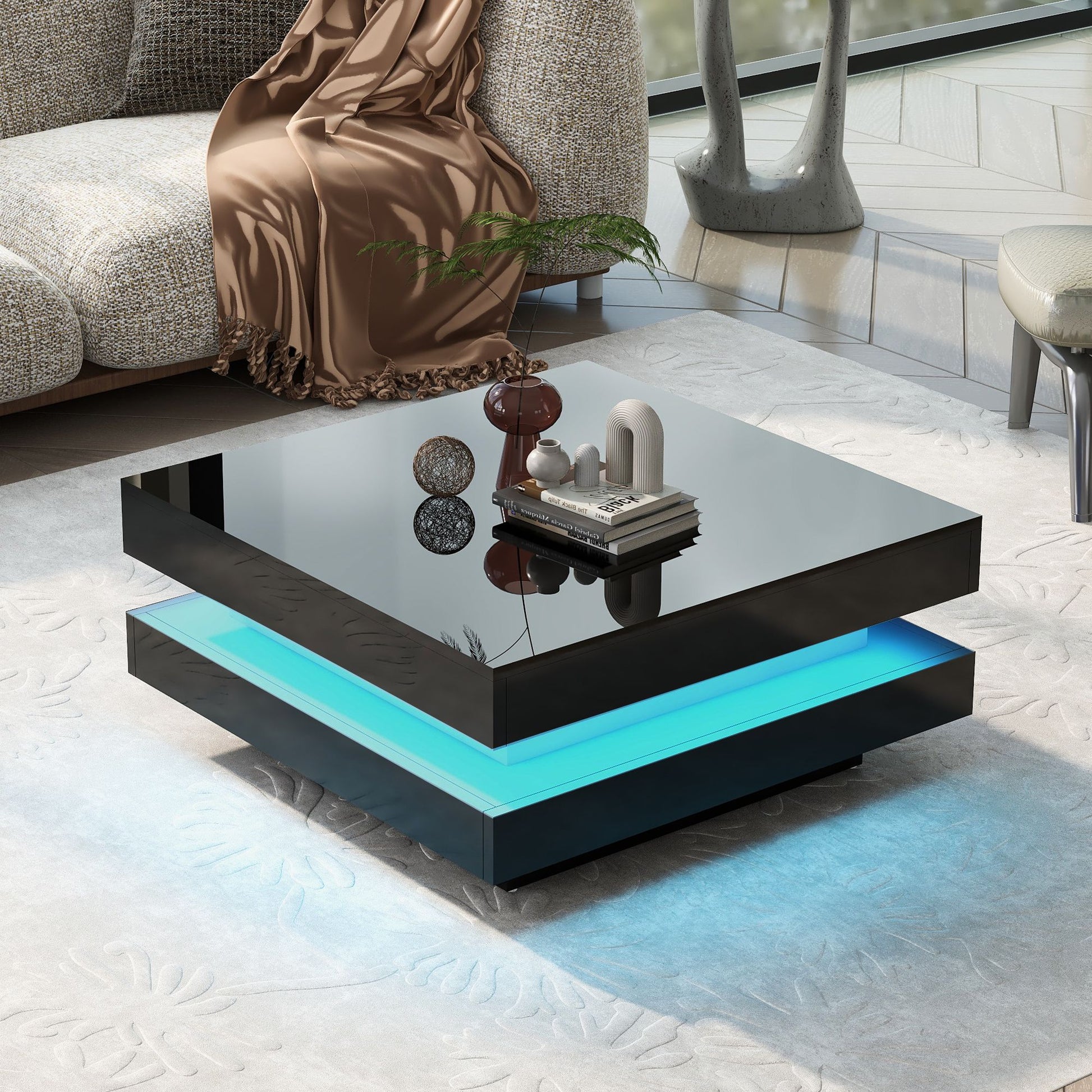2-Tier Square Coffee Table in black high-gloss finish with blue LED lighting for living room.