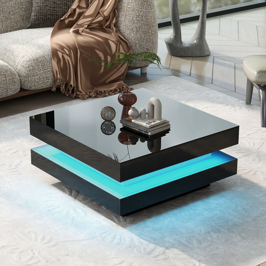 2-Tier Square Coffee Table in black high-gloss finish with blue LED lighting for living room.