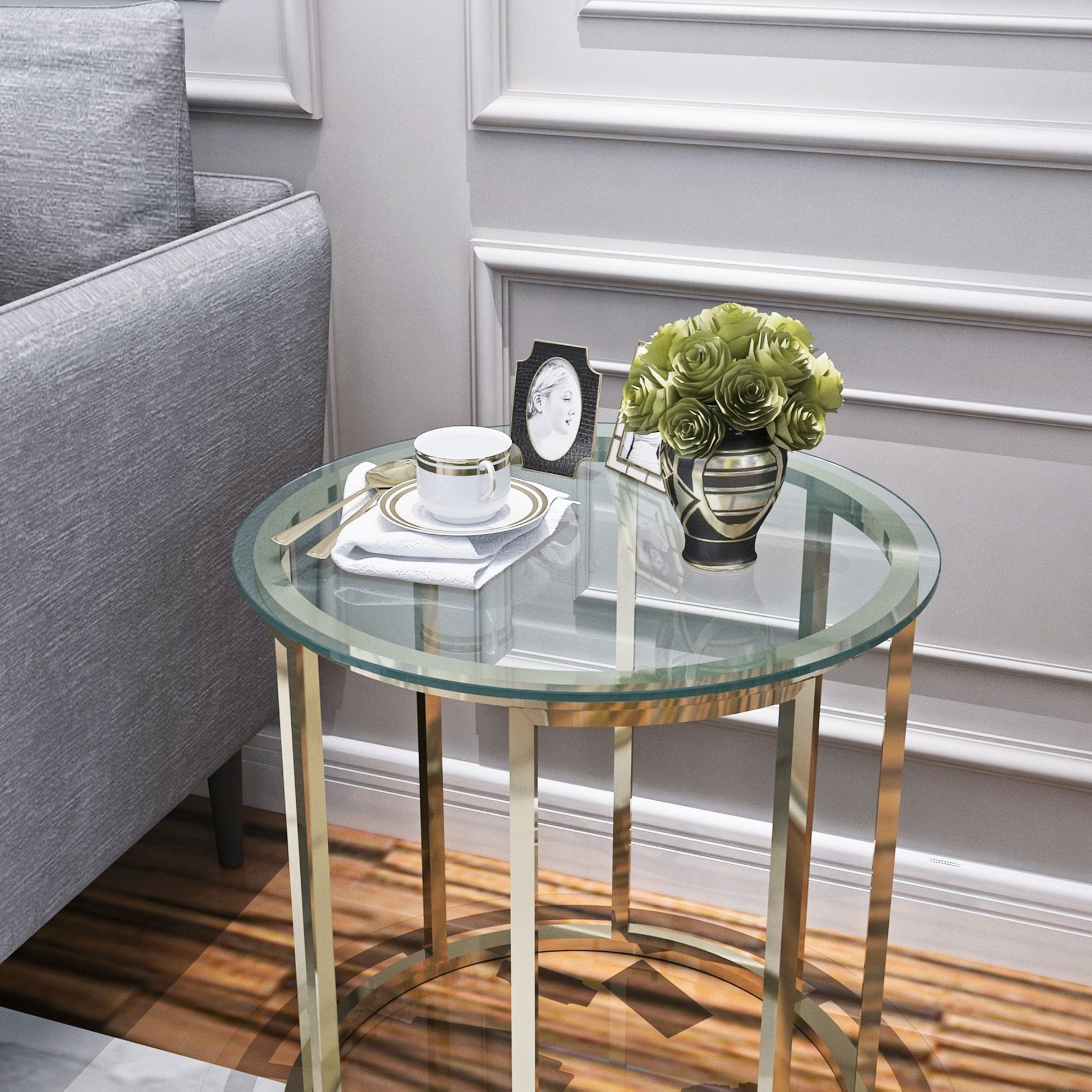 20-inch round tempered glass table top, clear 1/4-inch thick with polished edge